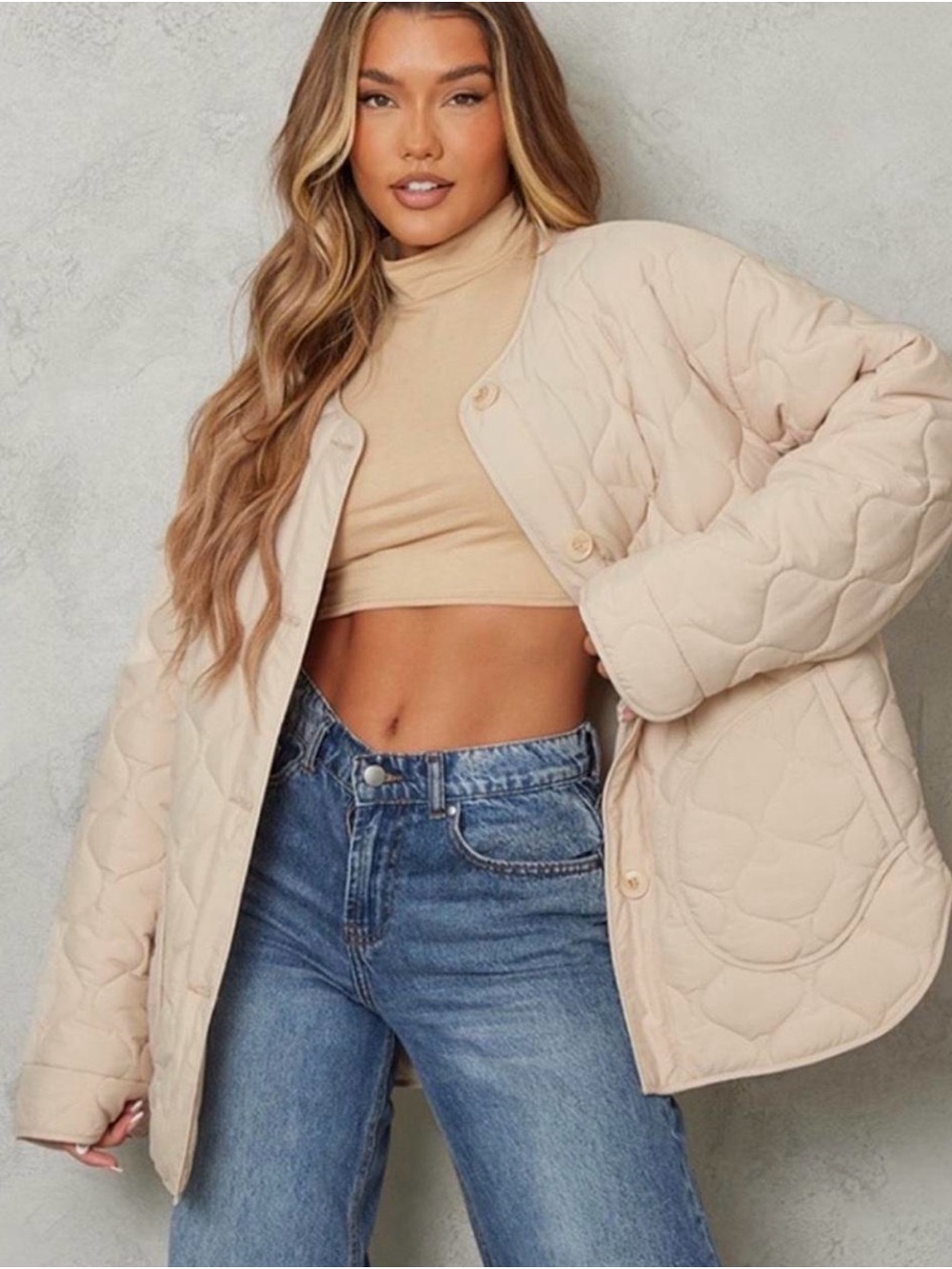 PrettyLittleThing Quilted Oversized Jacket in Beige size M